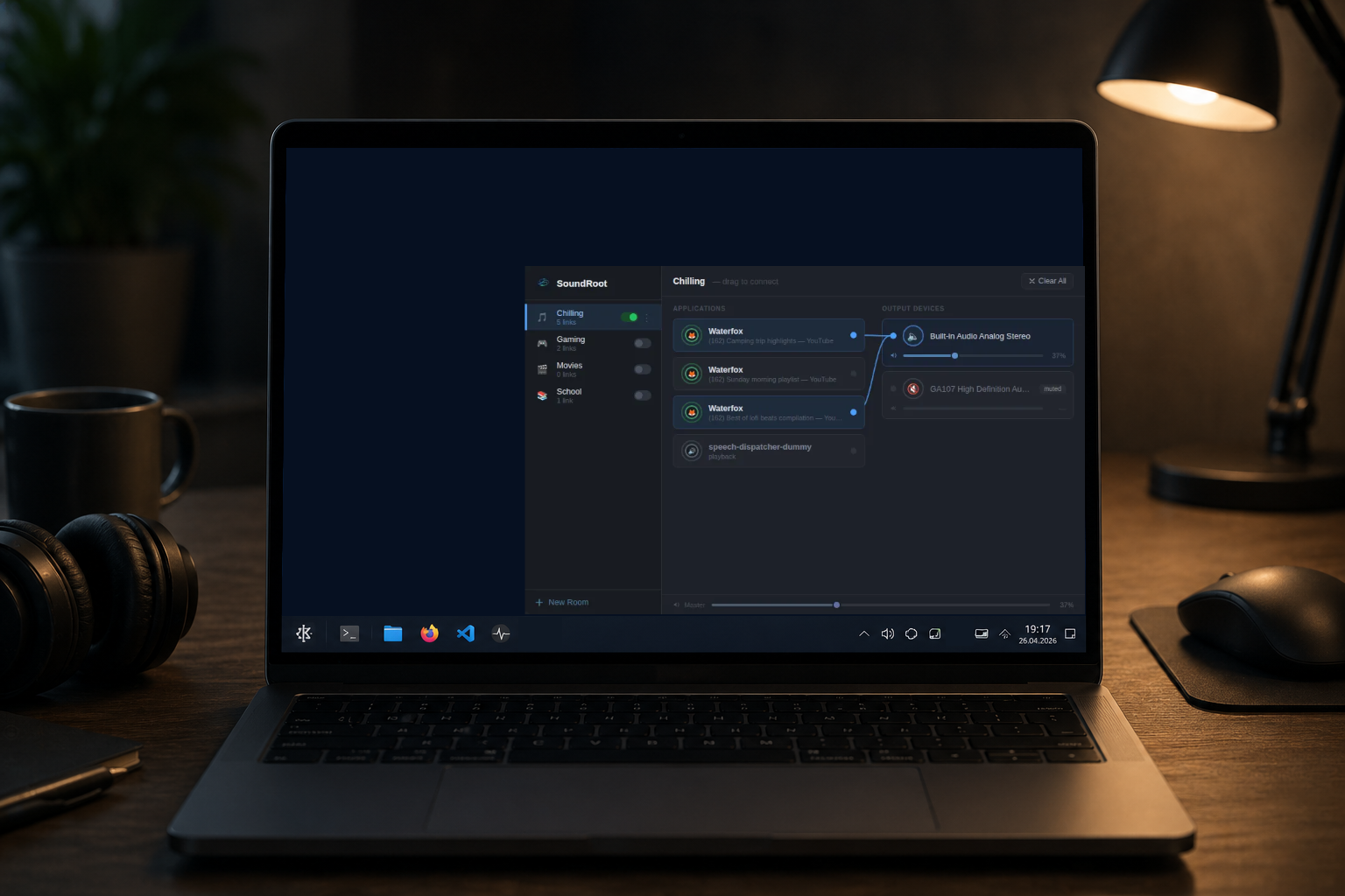 SoundRoot — full UI overview on KDE Plasma desktop